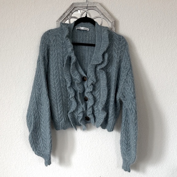 Zara Blue Ruffled Cardigan - Picture 1 of 4